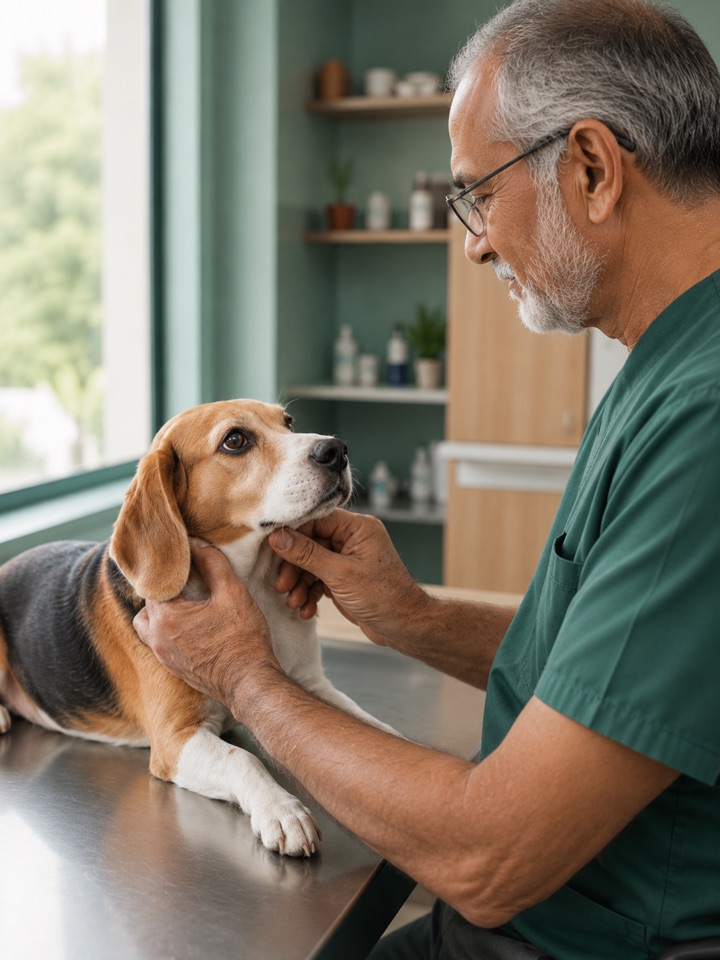 A vet gently examining a beagle at a clinic
