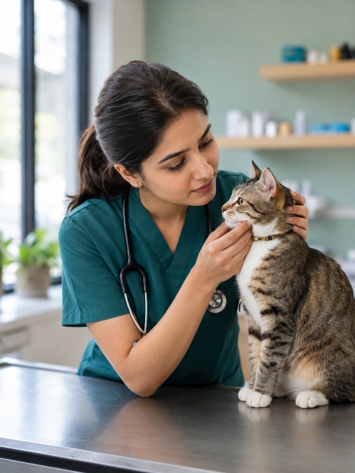 A vet examining a cat at a clinic