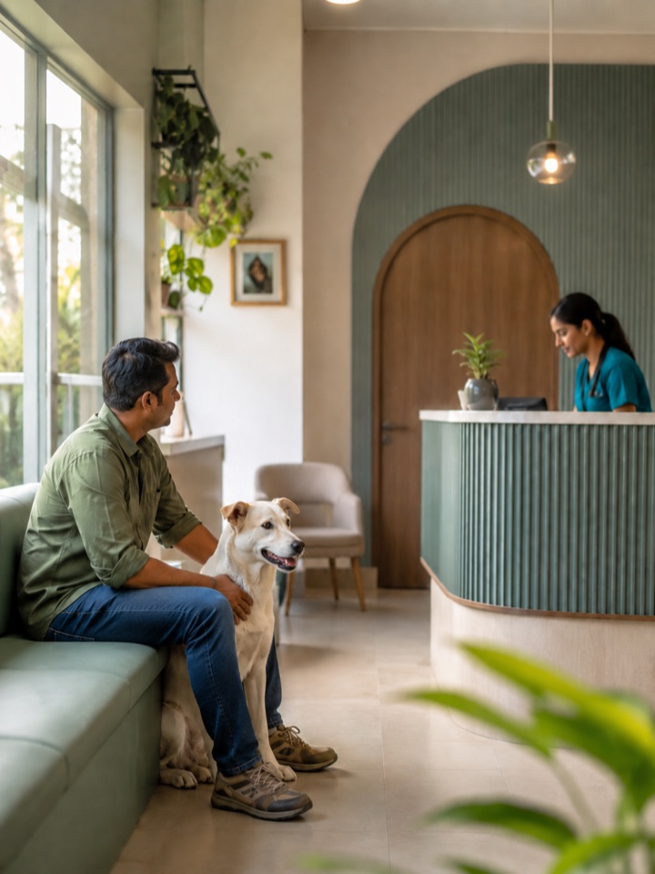 A pet parent and dog waiting in a modern veterinary clinic reception