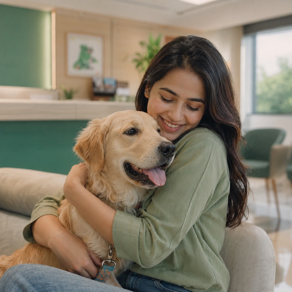 A happy pet parent hugging their dog in a clinic that uses Koko