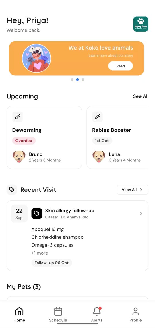Koko Pet Parent App home screen: upcoming deworming and rabies booster, and the latest visit with its medicines